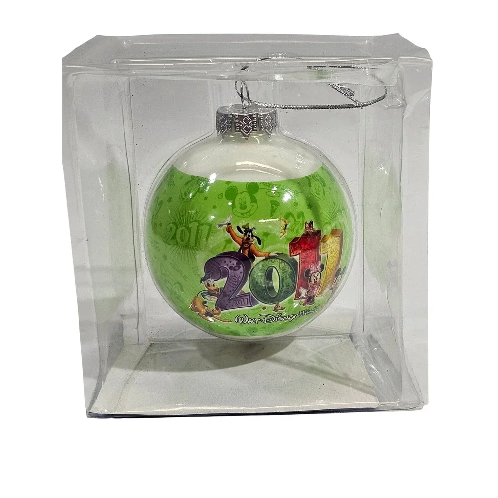 Disney Parks 2011 Walt Disney World Glass Ornament Mickey Minnie Goofy Green WDW